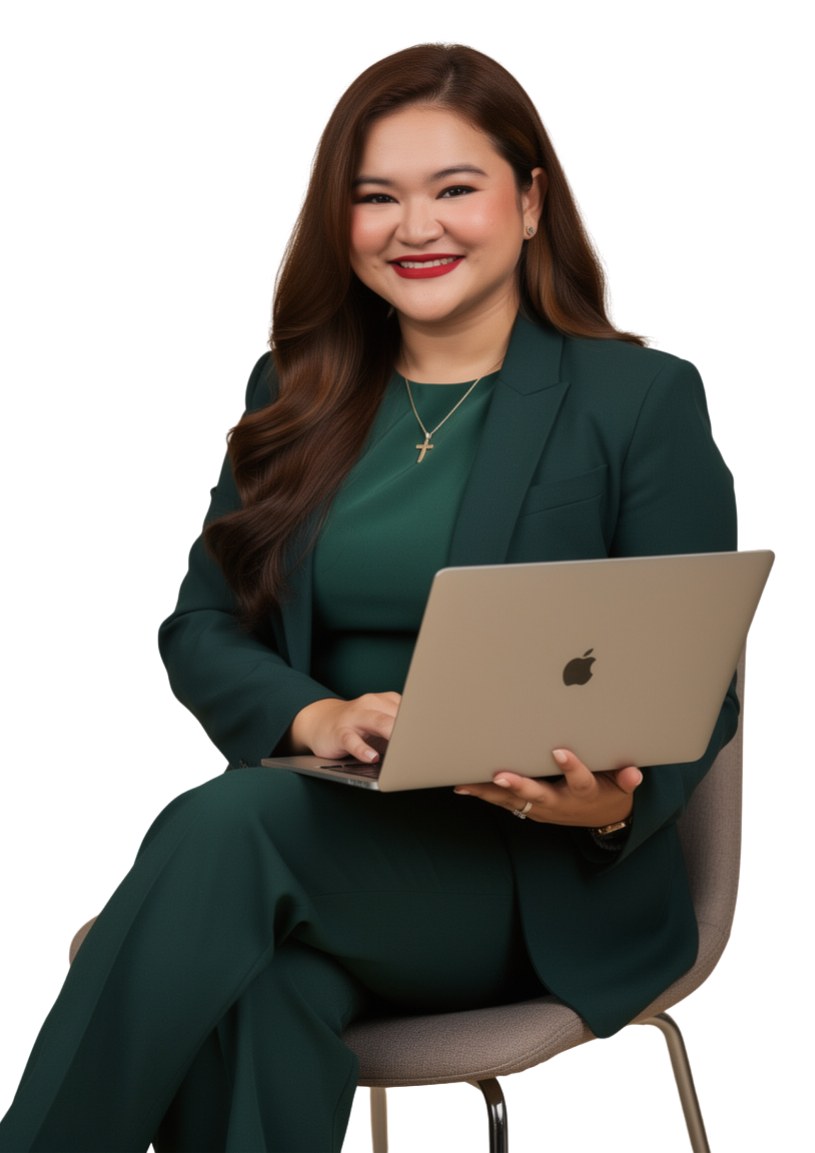 May Correa, digital business designer, seated with her laptop